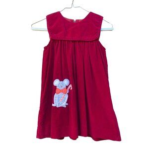 Vintage 80s Girl's Red Velvet Jumper Dress Christmas Mouse Applique Size 4